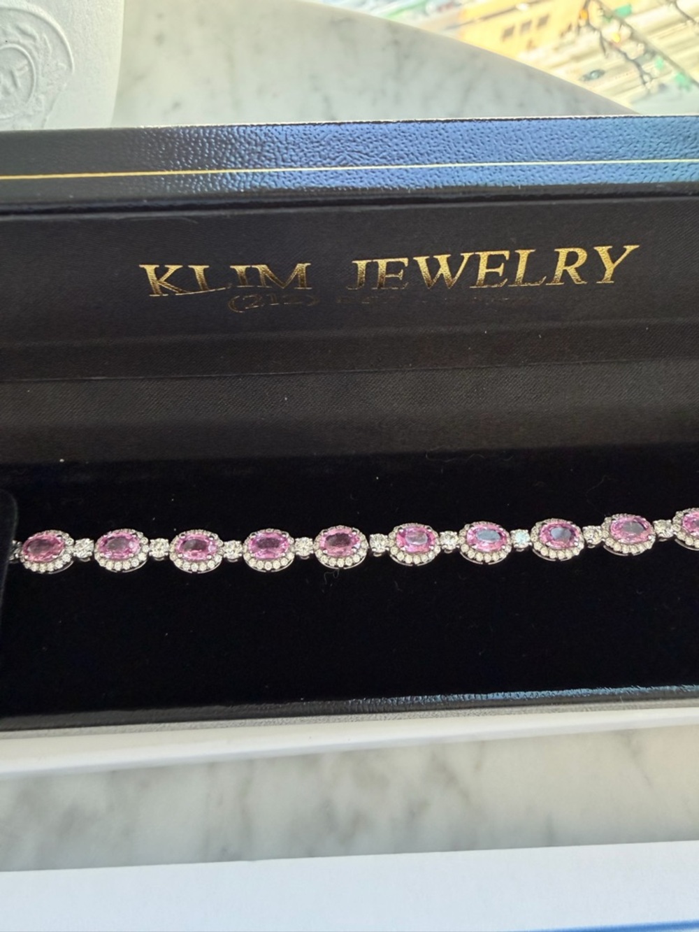 Pink sapphire and diamond tennis bracelet - 18k white gold - 7”